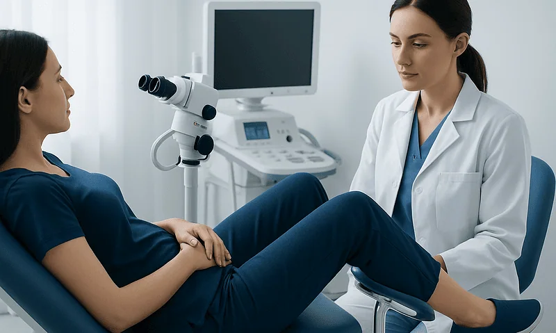 Gynecologist consulting with a patient in a medical examination room.