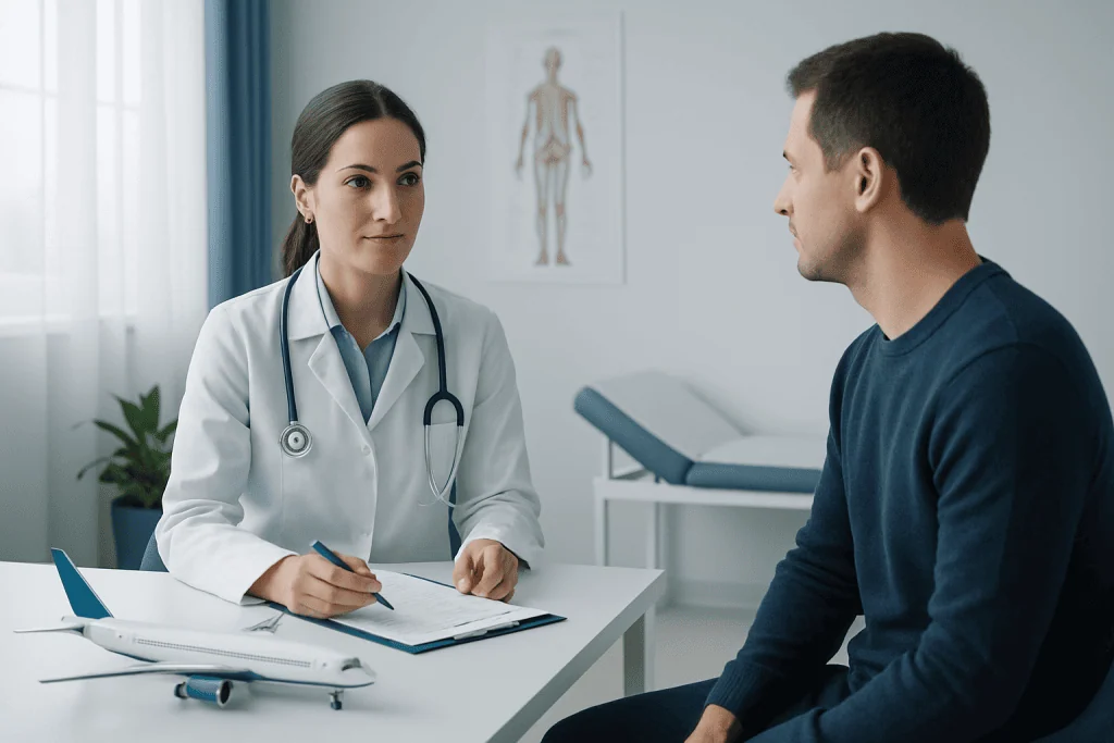Doctor consulting patient in a medical office with model airplane on desk.