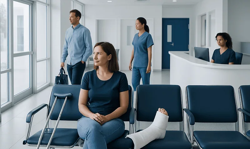 Patient with leg cast waiting in hospital corridor at Acibadem Hospital.