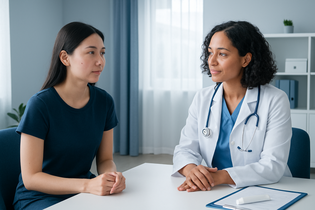 Doctor consulting with a young female patient in a medical office.