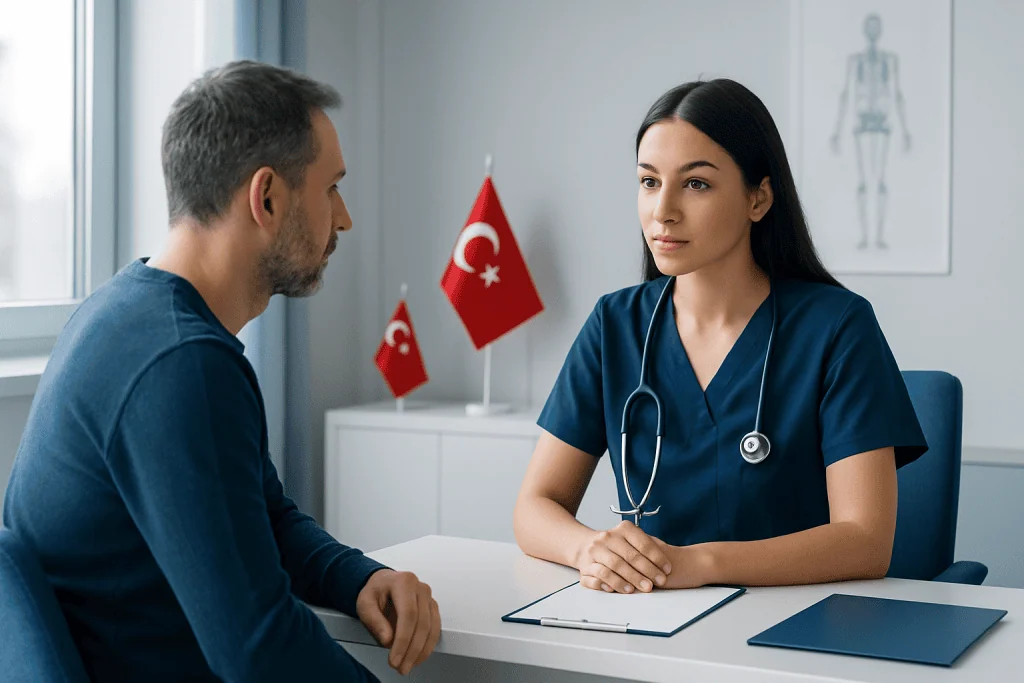 Doctor consulting with a patient in a medical office with Turkish flags.
