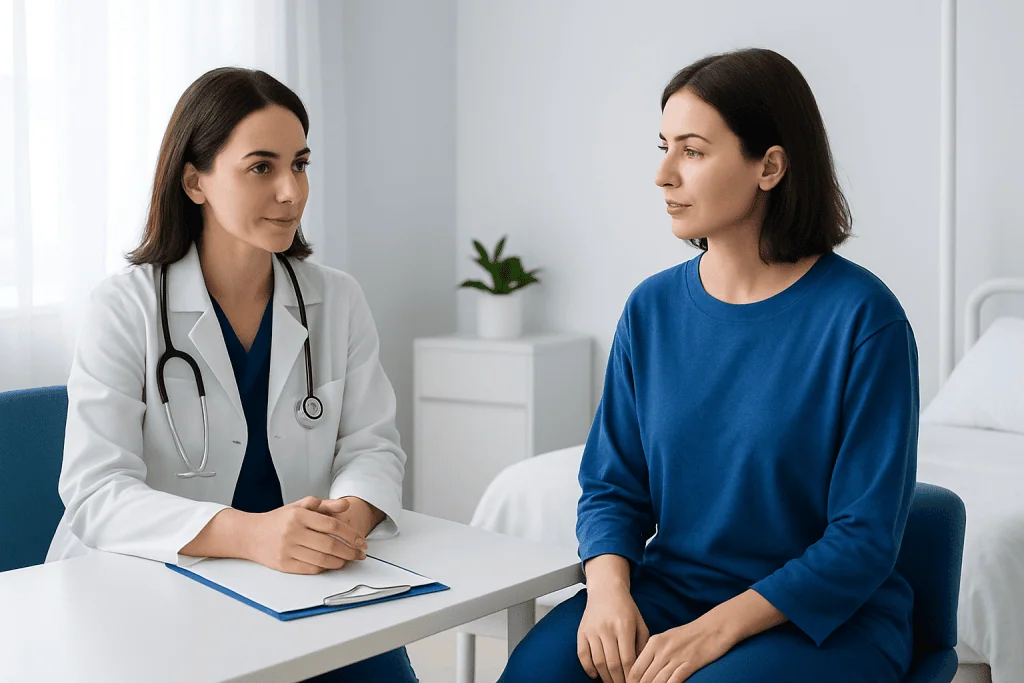 Doctor consulting with patient in hospital room for surgery recovery.
