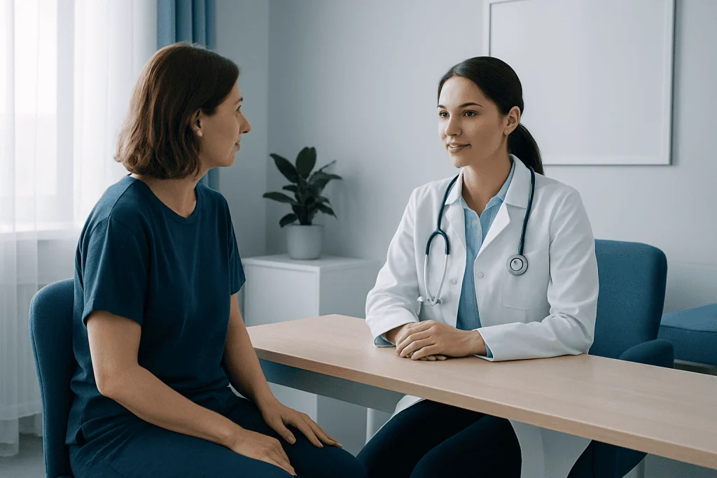 Doctor consulting patient in a modern medical office setting.