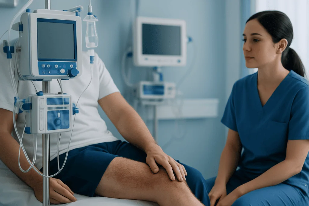 Medical professional examining patient's leg in hospital setting.
