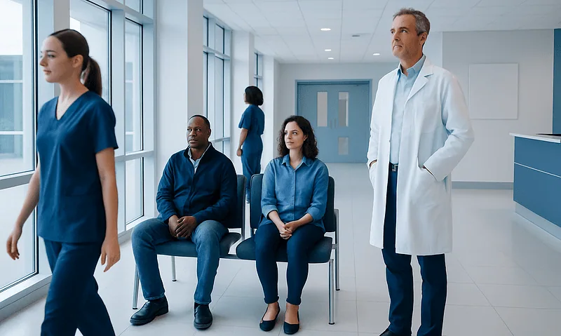 Medical team waiting in a hospital corridor with a nurse walking by.