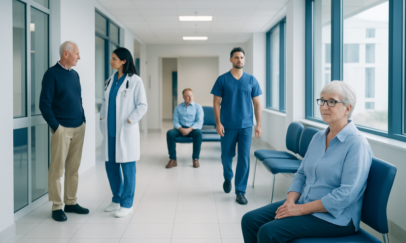 Hospital corridor with patients and medical staff in a modern healthcare facility.