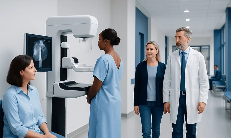 Medical professionals perform a breast tomosynthesis exam in a hospital corridor.