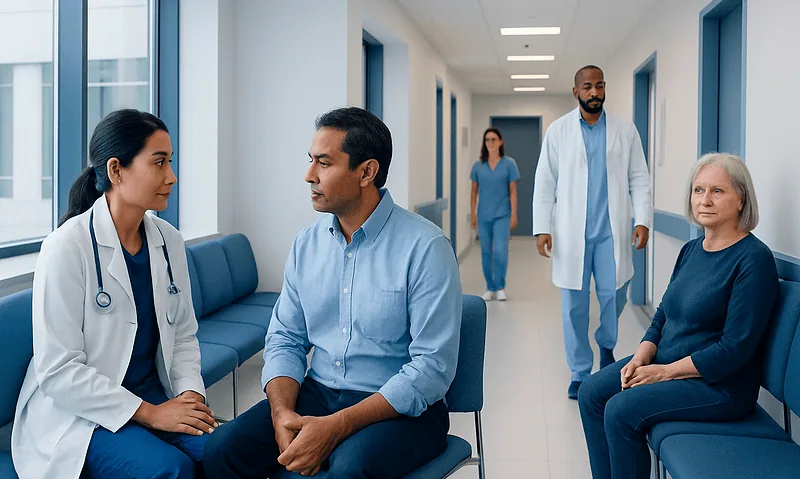 Medical consultation in a hospital corridor with doctors and patients.