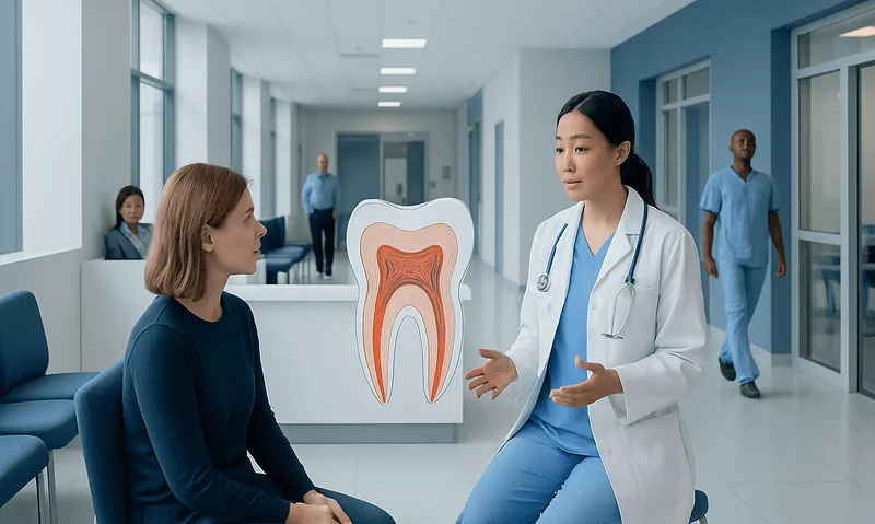 Tooth Pulp: An Evidence-Based Guide for Patients 8 Dentist explaining tooth pulp to patient in hospital corridor.