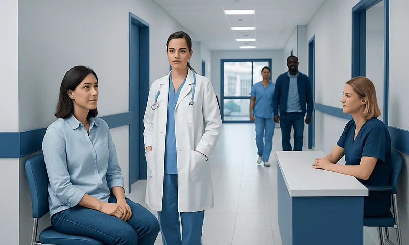 Medical team in hospital corridor with patients and staff.