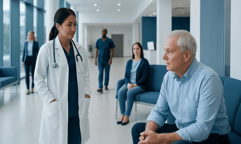 Doctor consulting with senior male patient in hospital corridor.