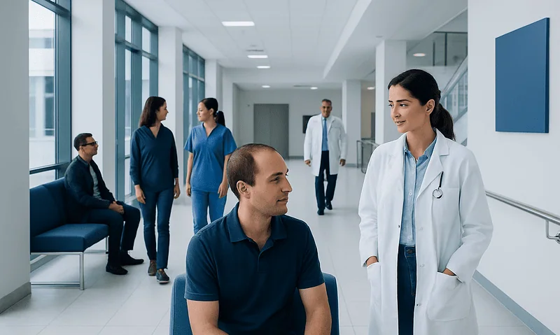 Medical consultation in a modern hospital corridor with healthcare professionals.
