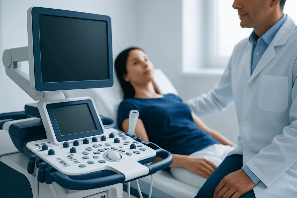 Doctor performing ultrasound examination on patient in hospital.