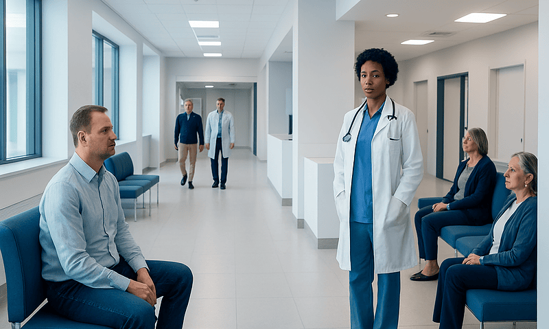 Healthcare professionals and patients in a hospital corridor.