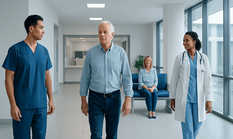 Patients and healthcare professionals in a hospital corridor.
