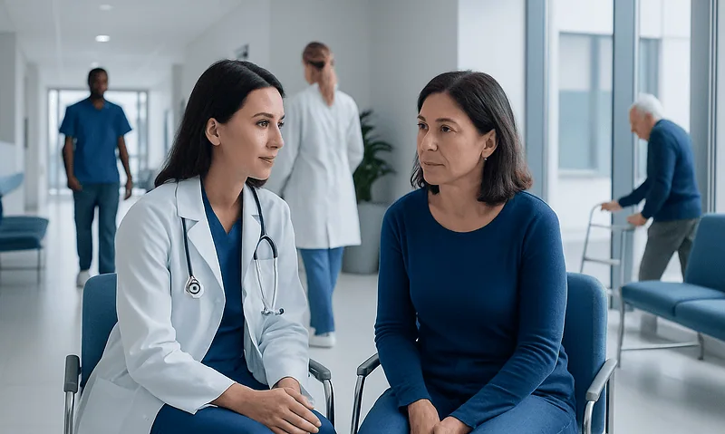 Doctor consulting with a patient in a modern hospital corridor.
