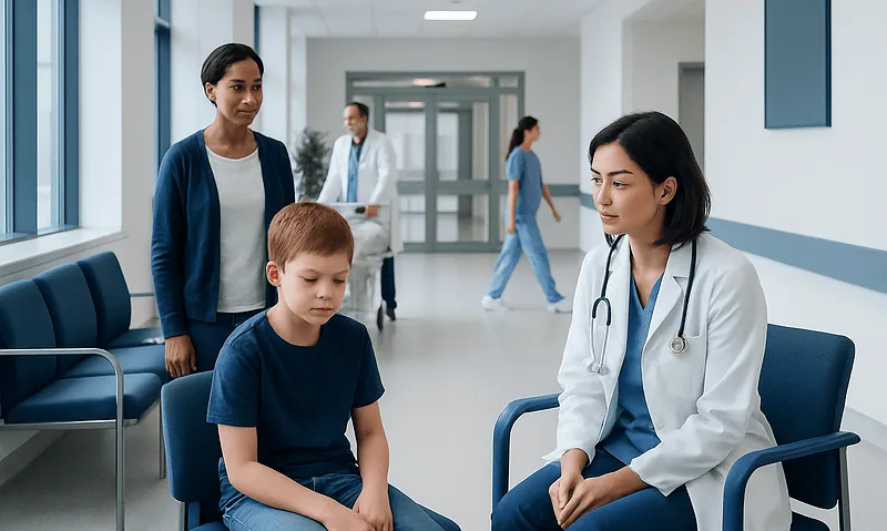 Doctor consulting young patient in hospital corridor with family nearby.