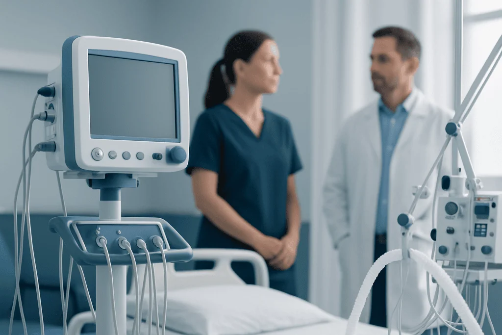 Medical professionals discussing patient care in a hospital room.