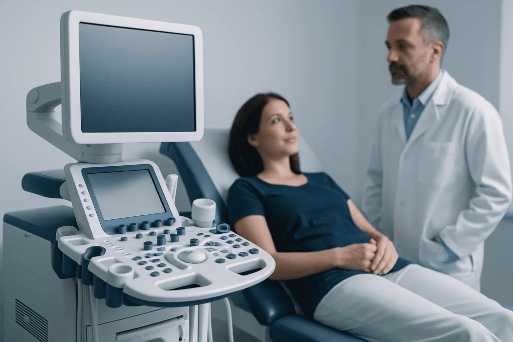 Doctor and patient during ultrasound examination at Acibadem Hospital.