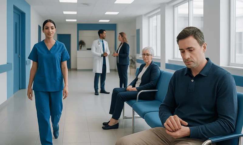 Hospital waiting area with medical staff and patients in a modern clinic.