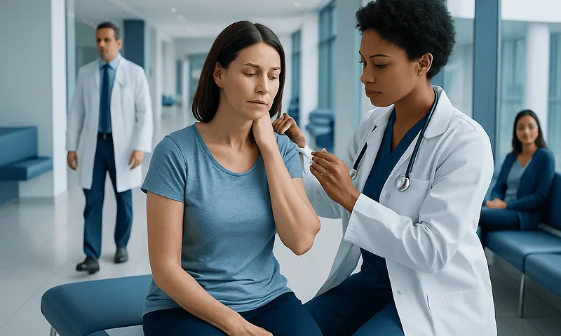 Doctor administering a shoulder injection to a patient in a hospital setting.