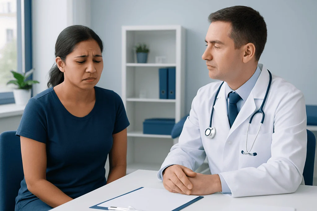 Doctor consulting with a worried female patient in a medical office.
