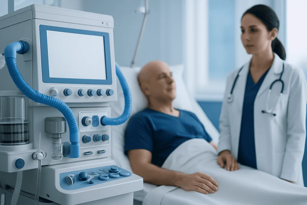 Doctor and patient in hospital room with medical ventilator equipment.