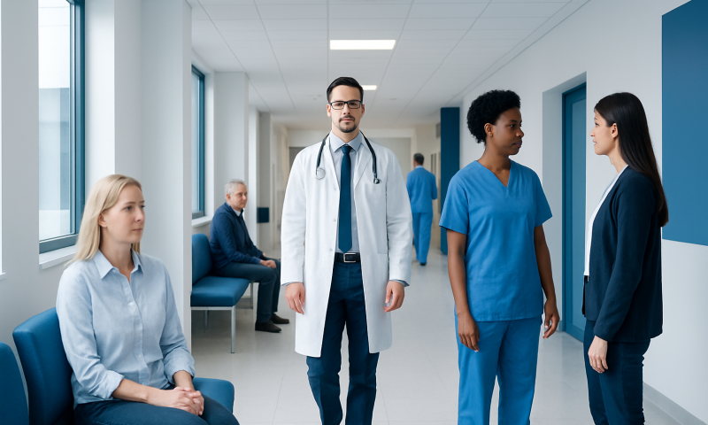 Medical professionals and patients in a hospital corridor at Acibadem Hospitals Group.