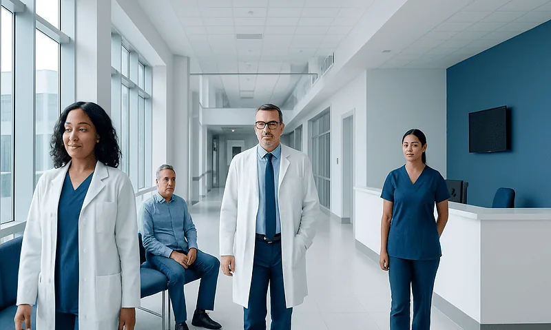 Medical team in hospital corridor at Acibadem Hospitals Group.