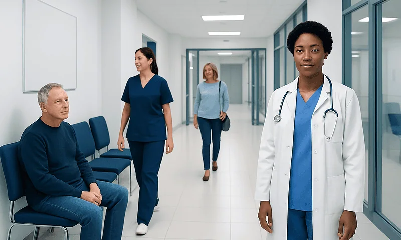 Tripotassium Phosphate — Explained by Medical Evidence, Not Myths 4 Medical professionals and patient in a hospital corridor.