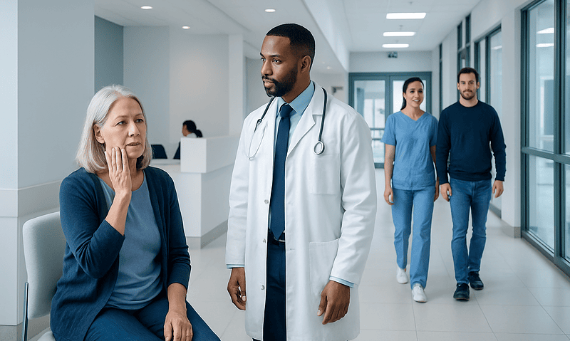 Doctor consulting a patient in a hospital corridor with staff in the background.