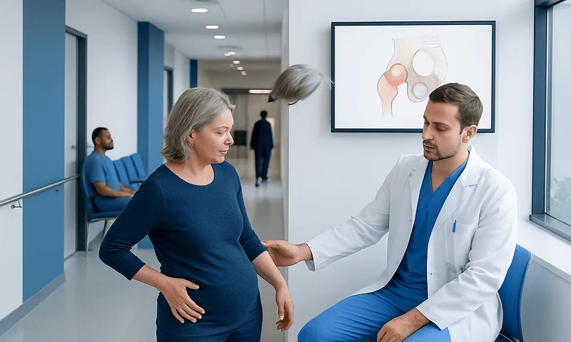 Doctor examining a woman with hip pain in a hospital corridor.