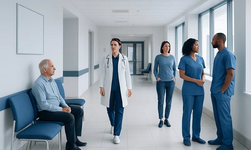 Medical team discussing patient care in hospital corridor.