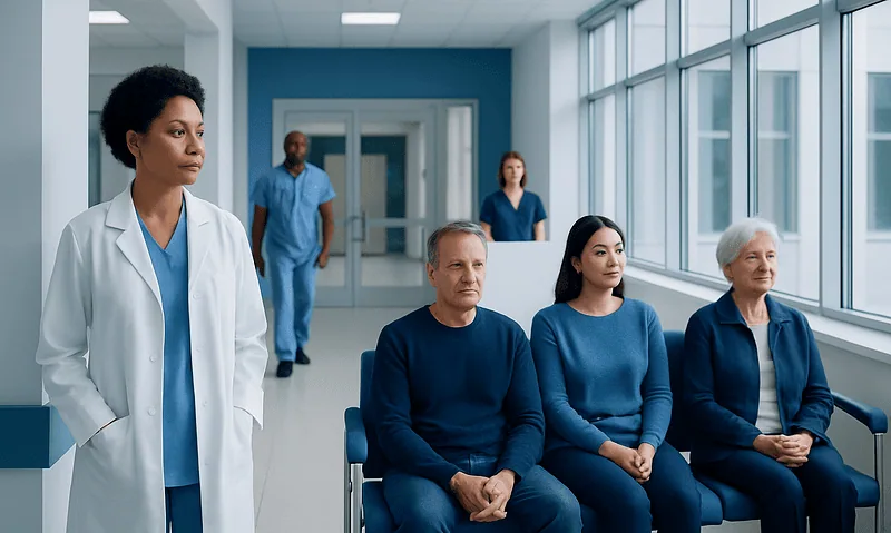 Diverse group of patients waiting in hospital corridor with healthcare staff nearby.