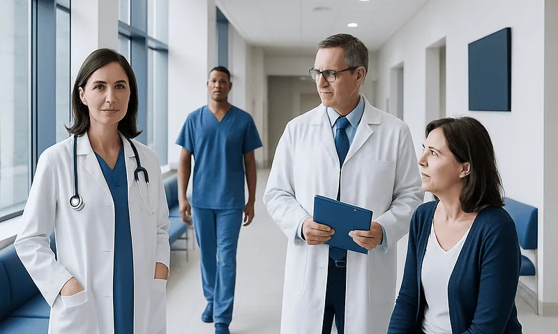 Medical team discussing patient care in hospital corridor.