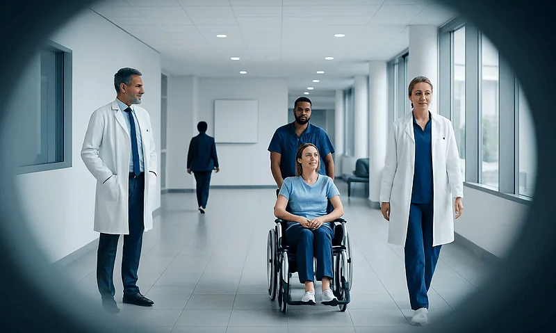 Medical team assisting a patient in a wheelchair in a hospital corridor.