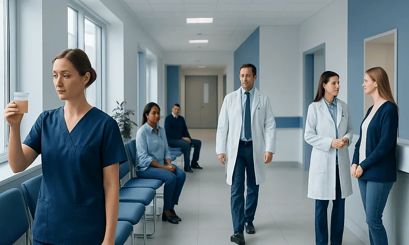 Hospital corridor with medical staff and patients waiting and talking.