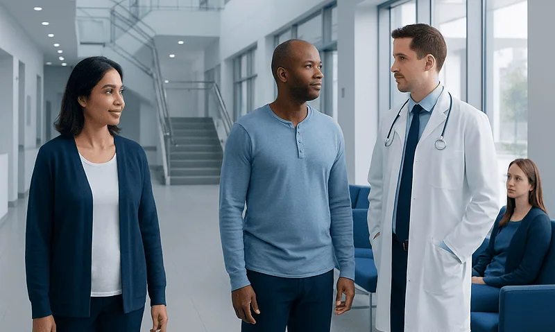 Medical consultation in a modern hospital with diverse healthcare professionals.
