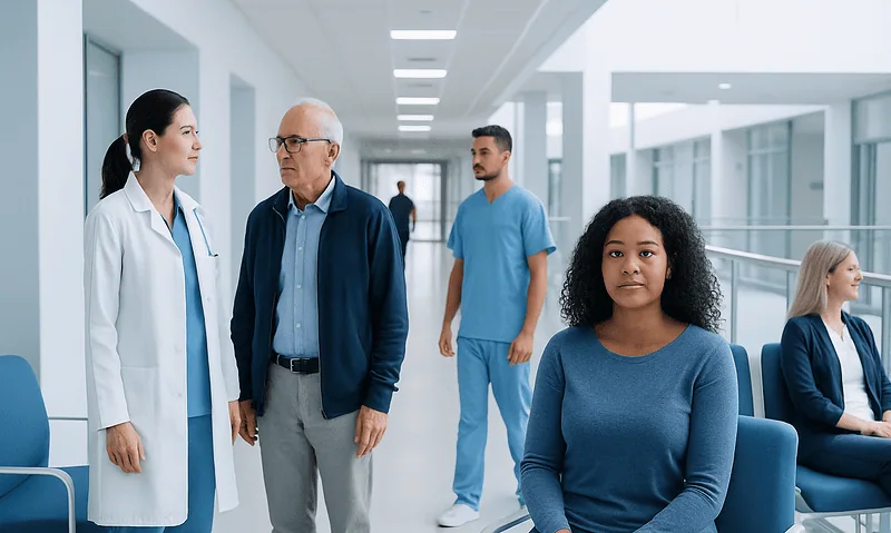 Medical staff and patients in a modern hospital corridor.