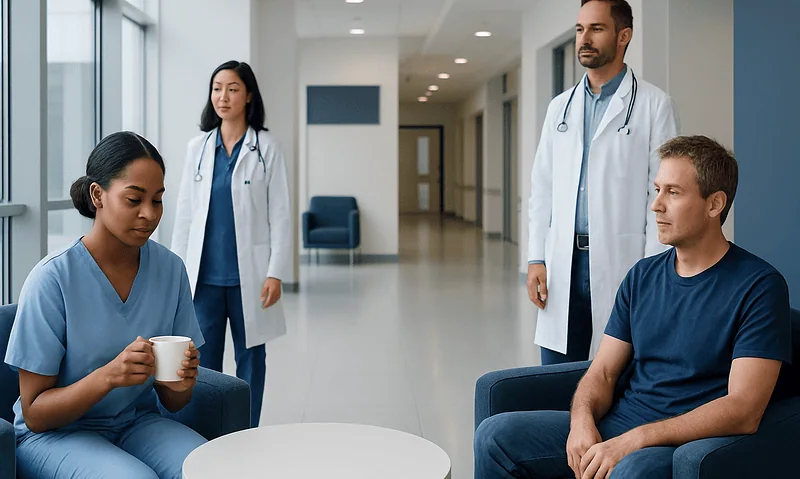 Medical team consulting with patient in hospital corridor.
