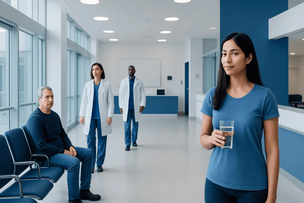 Turmeric Water: A Complete Medical Overview 1 Patient holding glass of water in hospital corridor with medical staff in background.