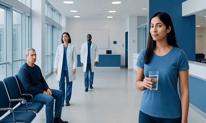 Patient holding glass of water in hospital corridor with medical staff in background.
