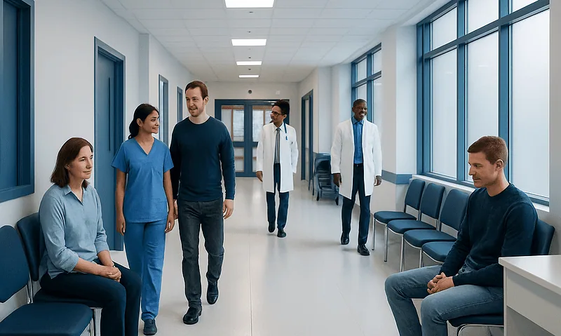 Patients and medical staff in a modern hospital corridor at Acibadem Hospitals Group.