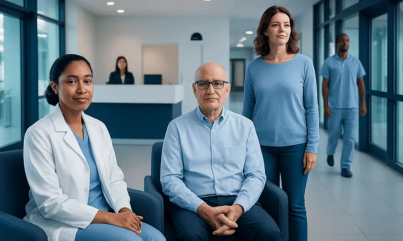 Diverse medical team in hospital lobby with patient and staff.