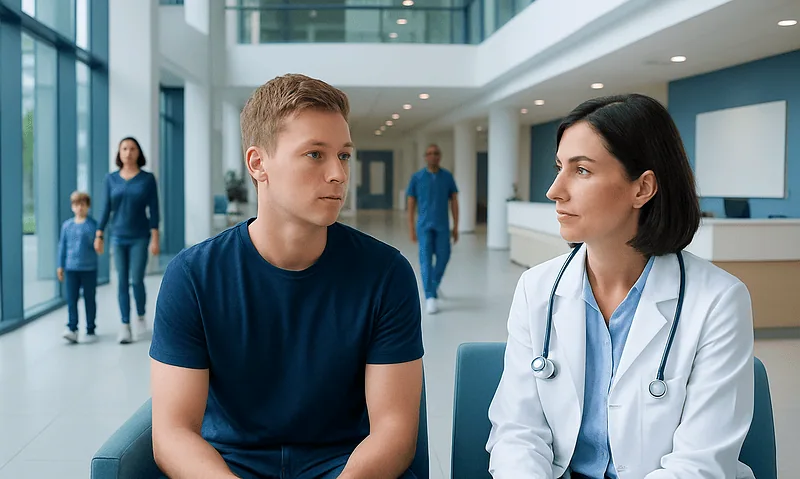 Young patient consulting with a doctor in a hospital lobby.
