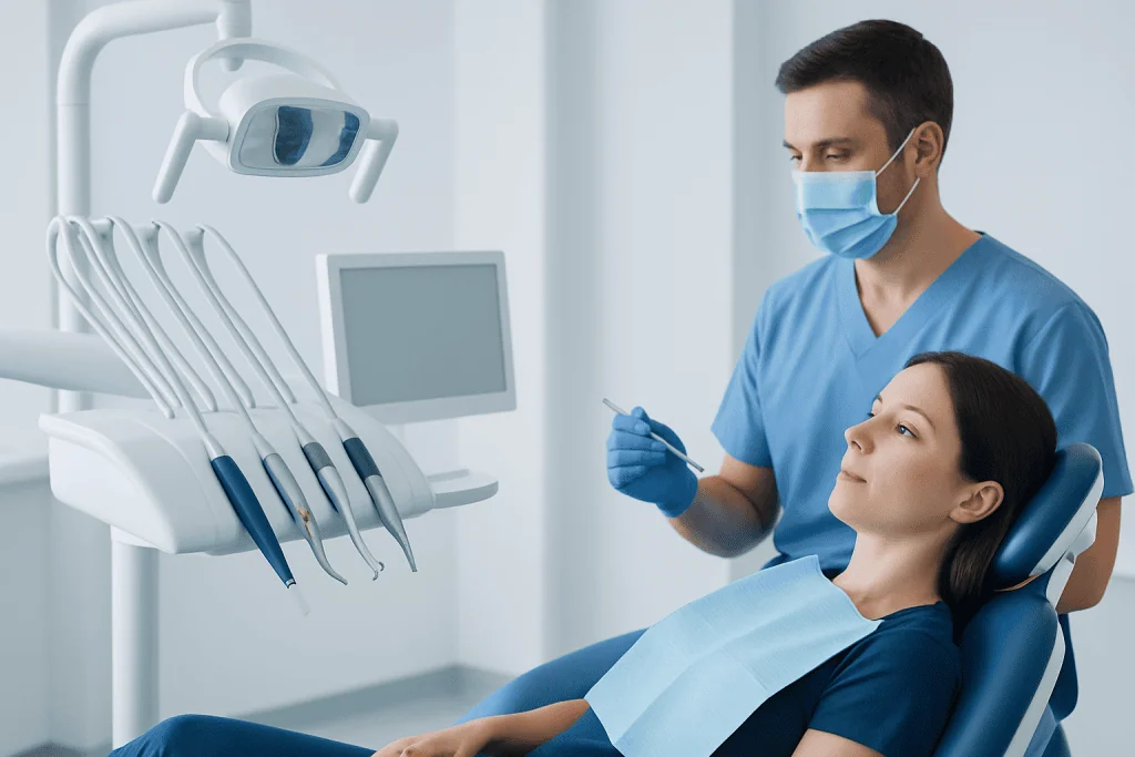 Dentist examining a patient in a modern dental clinic with advanced equipment.