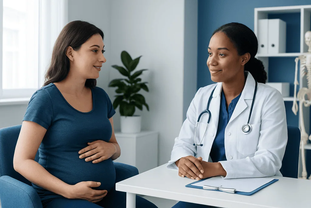 Pregnant woman consulting with a doctor in a medical office.
