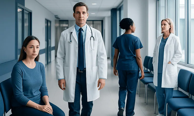 Medical professionals and patient in hospital corridor at Acibadem Hospitals Group.