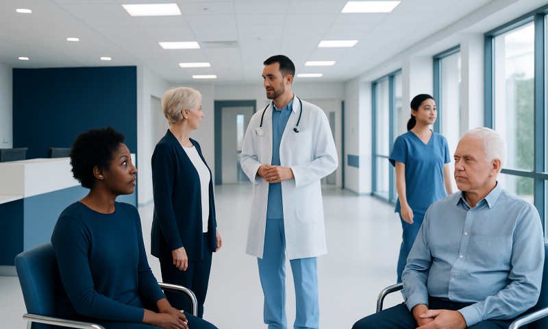 Medical team consulting with patients in a hospital corridor.