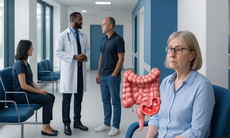 Medical consultation about digestive health with a model of intestines.